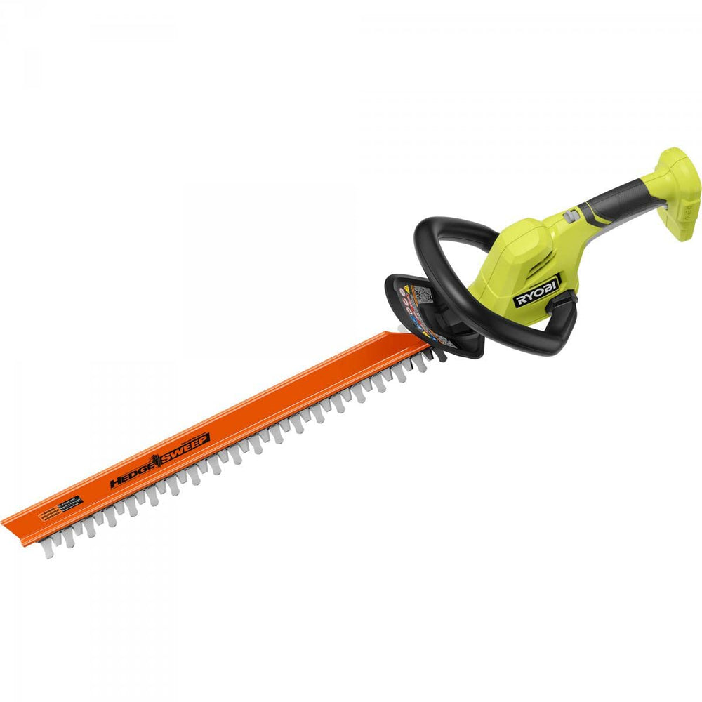 RYOBI 22-inch hedge trimmer front view showing lightweight profile and ergonomic handle for comfortable cutting
