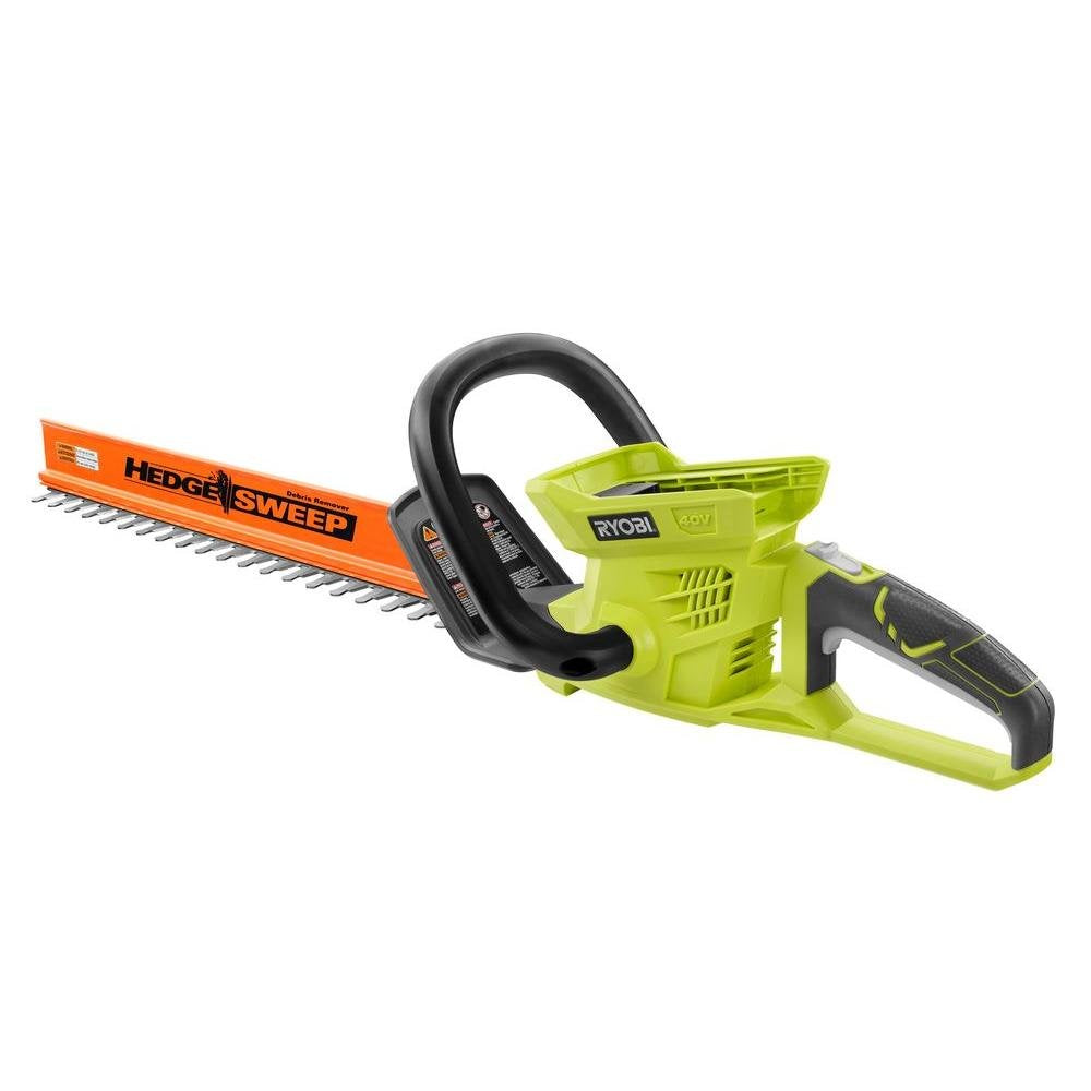 RYOBI 24in 40V hedge trimmer front view showing controls and balanced design benefit