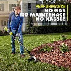RYOBI trimmer in yard with Expand-It attachment showing versatile tool use