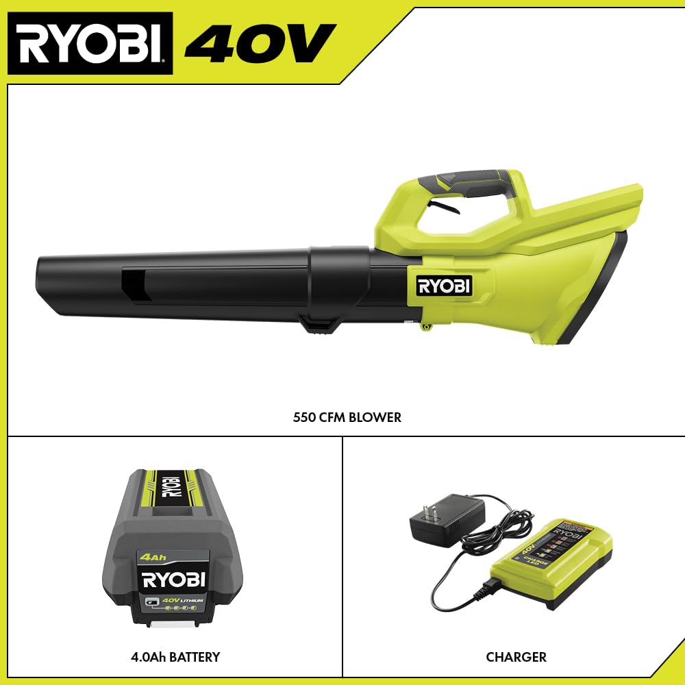RYOBI blower nozzle close-up highlighting construction and airflow efficiency benefit