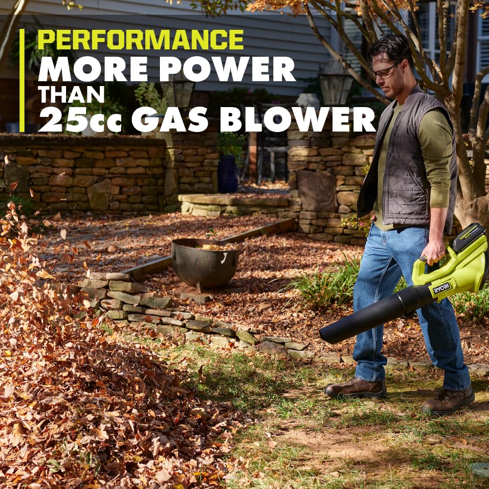 RYOBI 40V blower in use clearing leaves on a lawn for faster yard maintenance