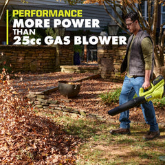 RYOBI 40V blower in use clearing leaves on a lawn for faster yard maintenance