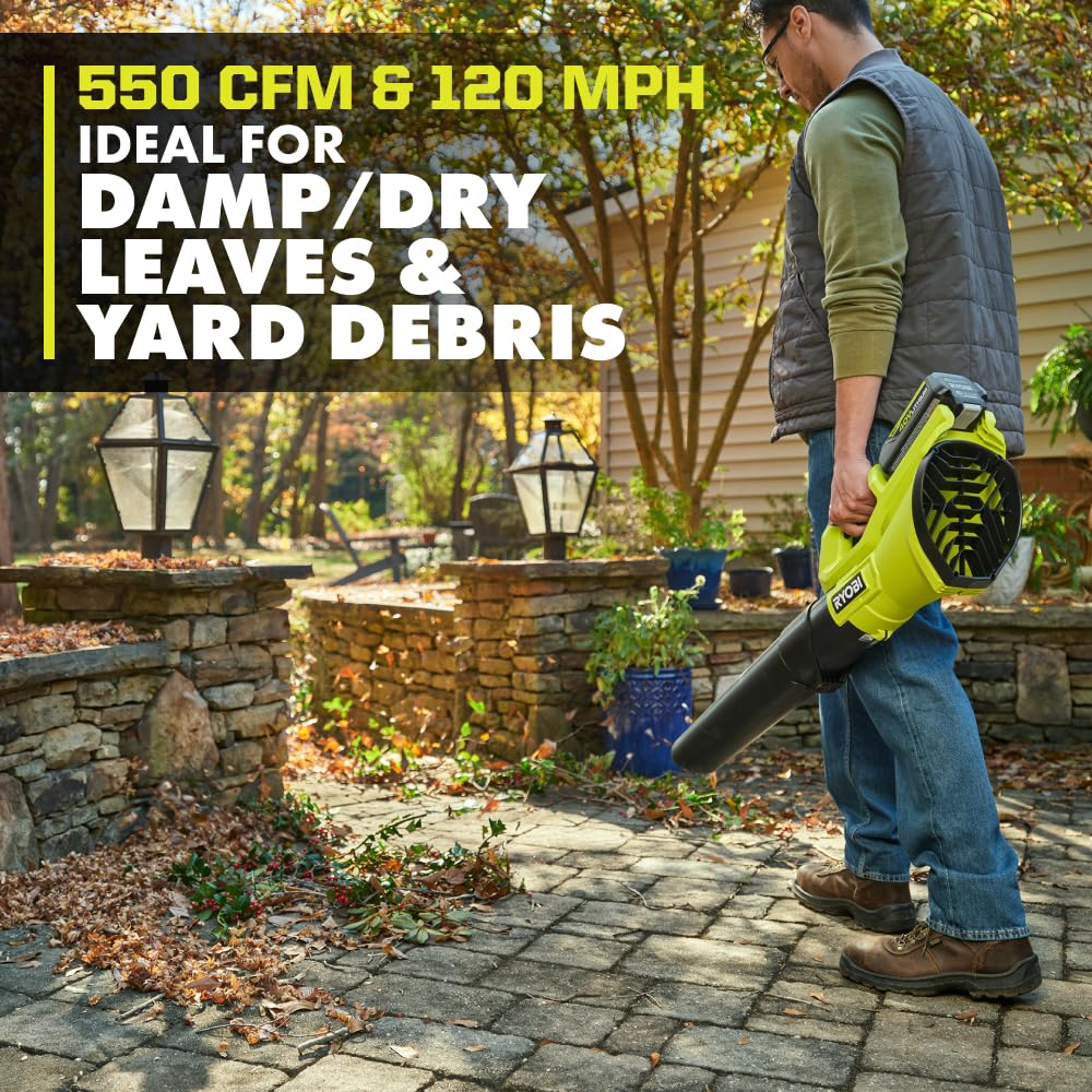 RYOBI blower beside a ruler to show compact size for easy storage