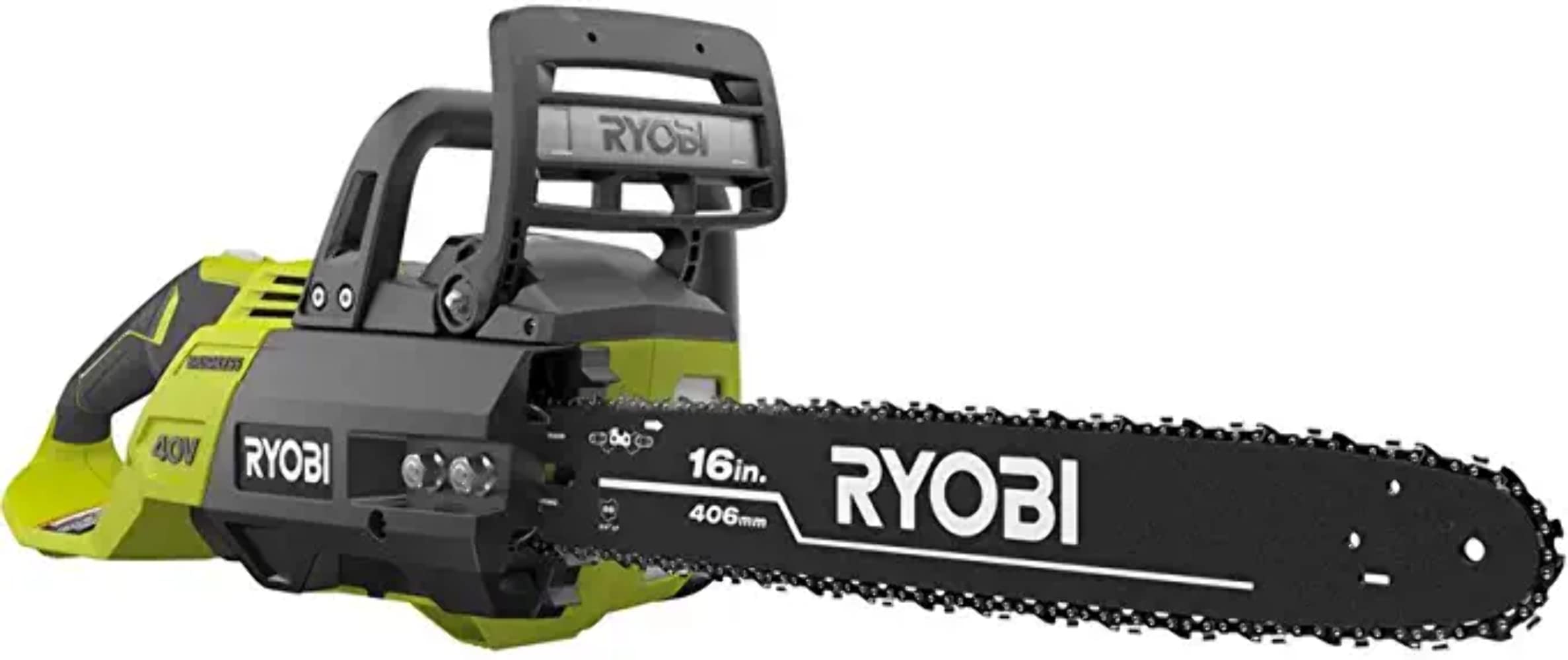 RYOBI 40V chainsaw front view showing compact body and 16-inch bar for efficient cutting