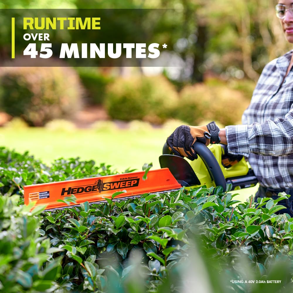 RYOBI trimmer in use on hedges demonstrating easier, low-vibration trimming benefit