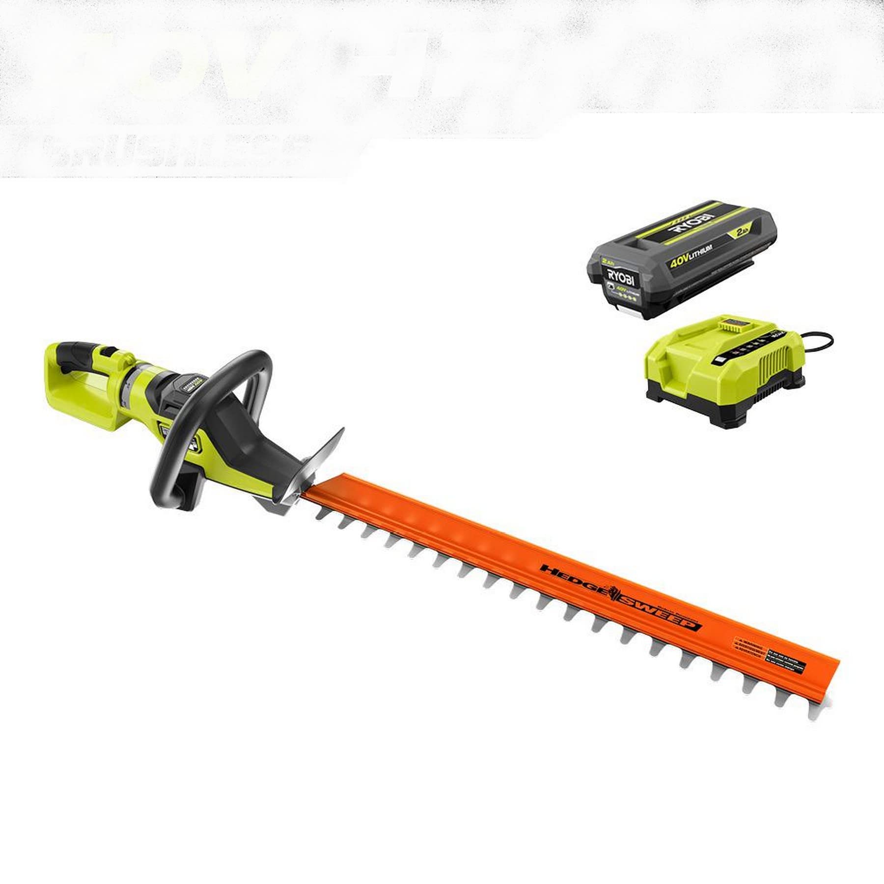 RYOBI hedge trimmer front view showing handles and battery for comfortable control