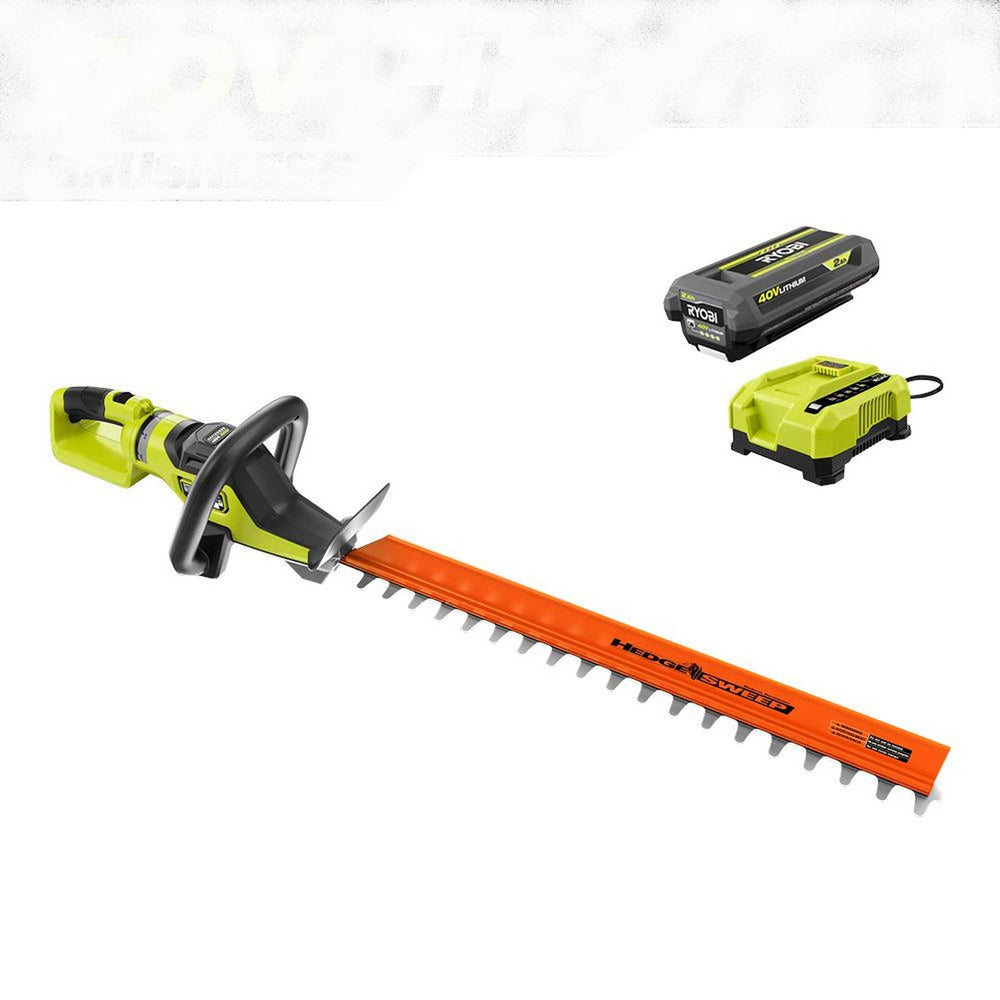 RYOBI hedge trimmer front view showing handles and battery for comfortable control