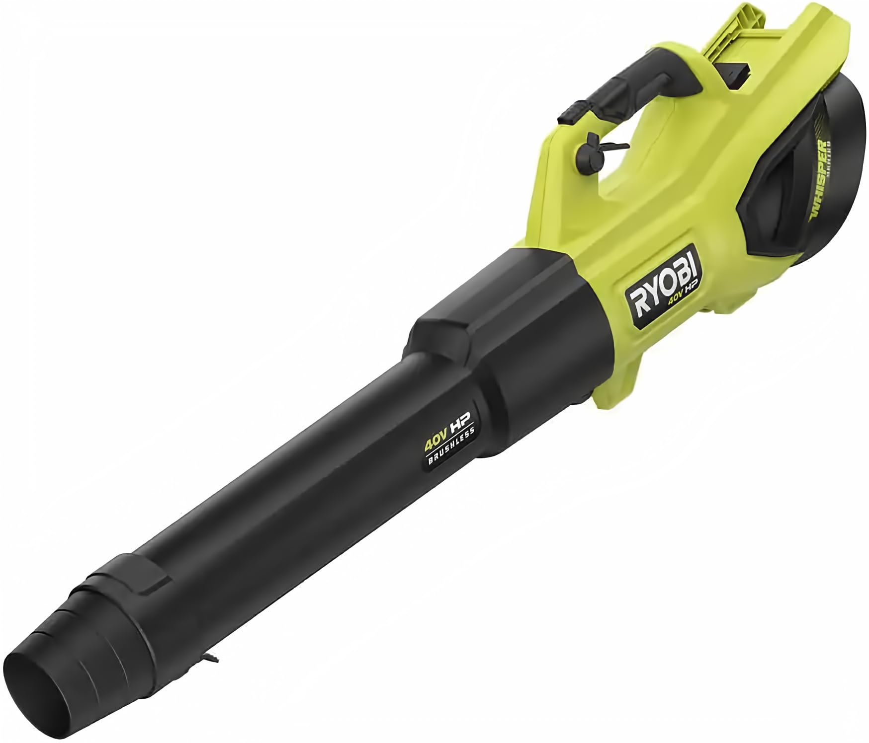 RYOBI blower front view showing compact design and quiet operation