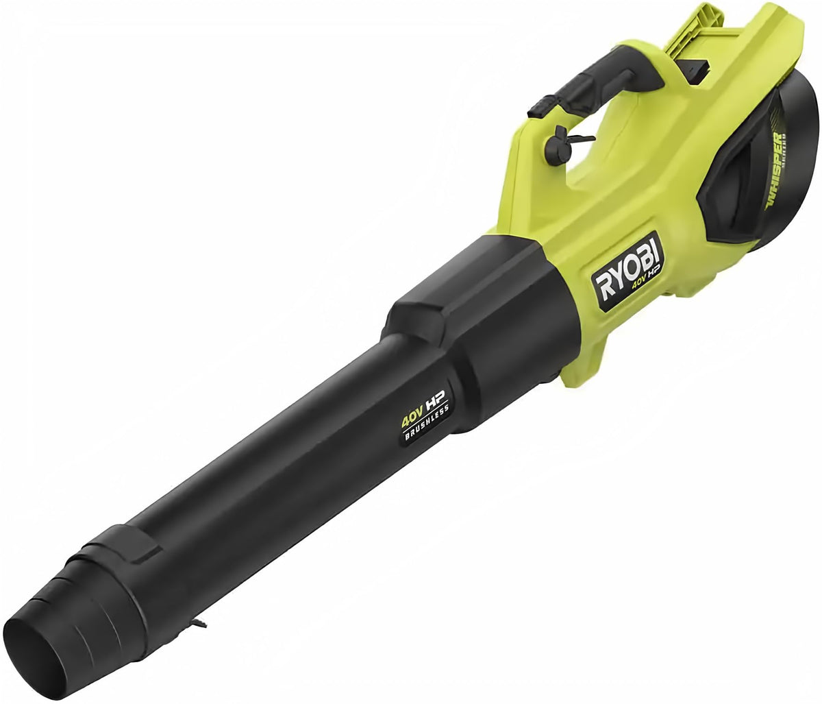 RYOBI blower front view showing compact design and quiet operation