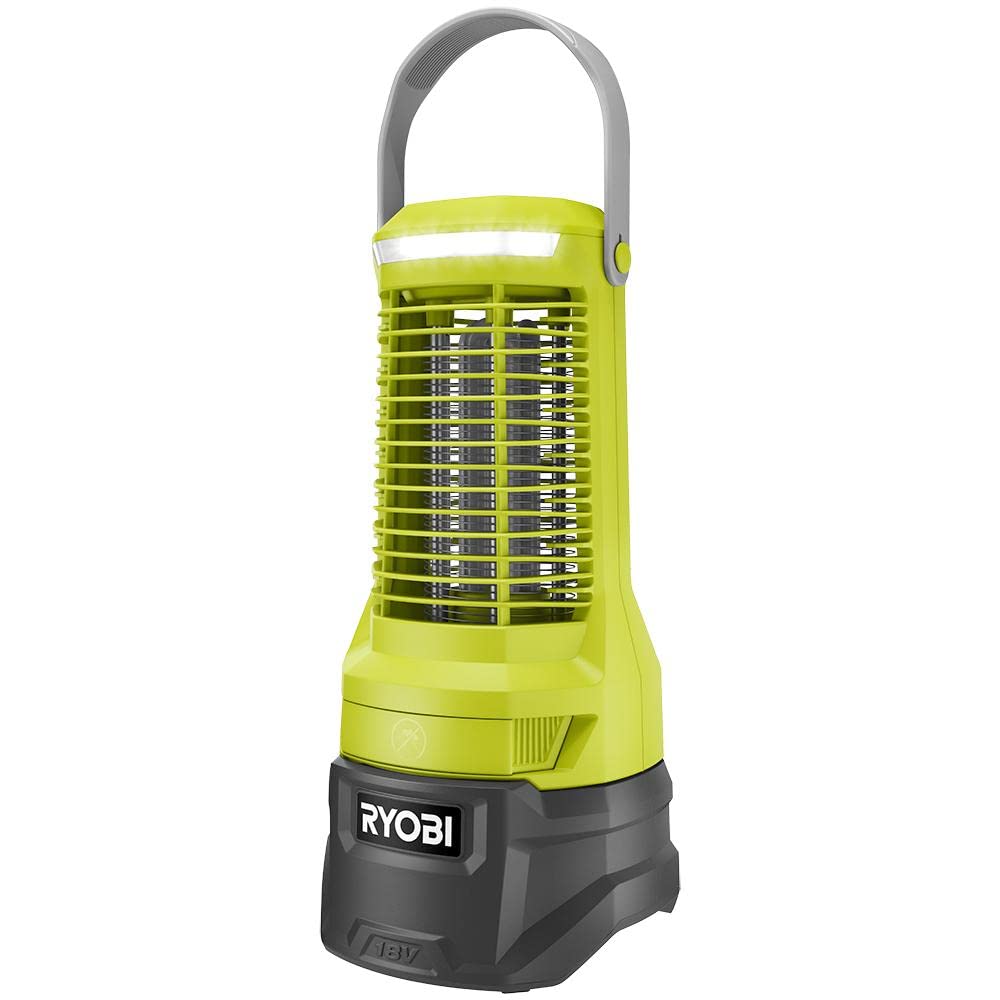 RYOBI bug zapper front view showing handle and LED, portable protection