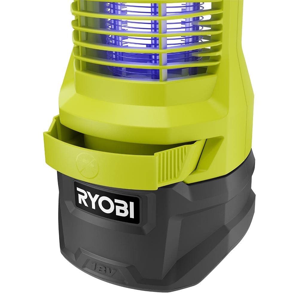 RYOBI bug zapper at campsite with LED on, cordless convenience and coverage
