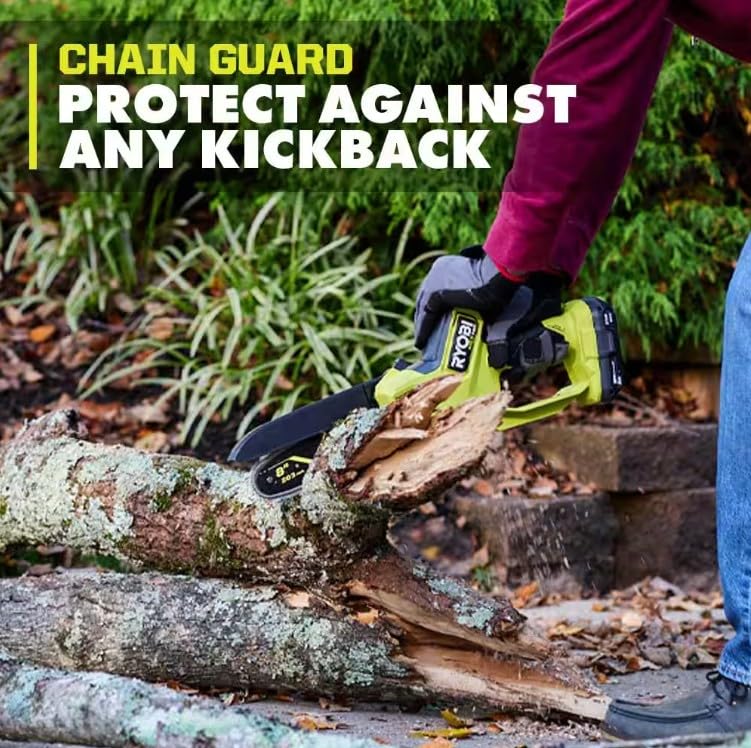 RYOBI pruning chainsaw cutting a small limb demonstrating efficient pruning