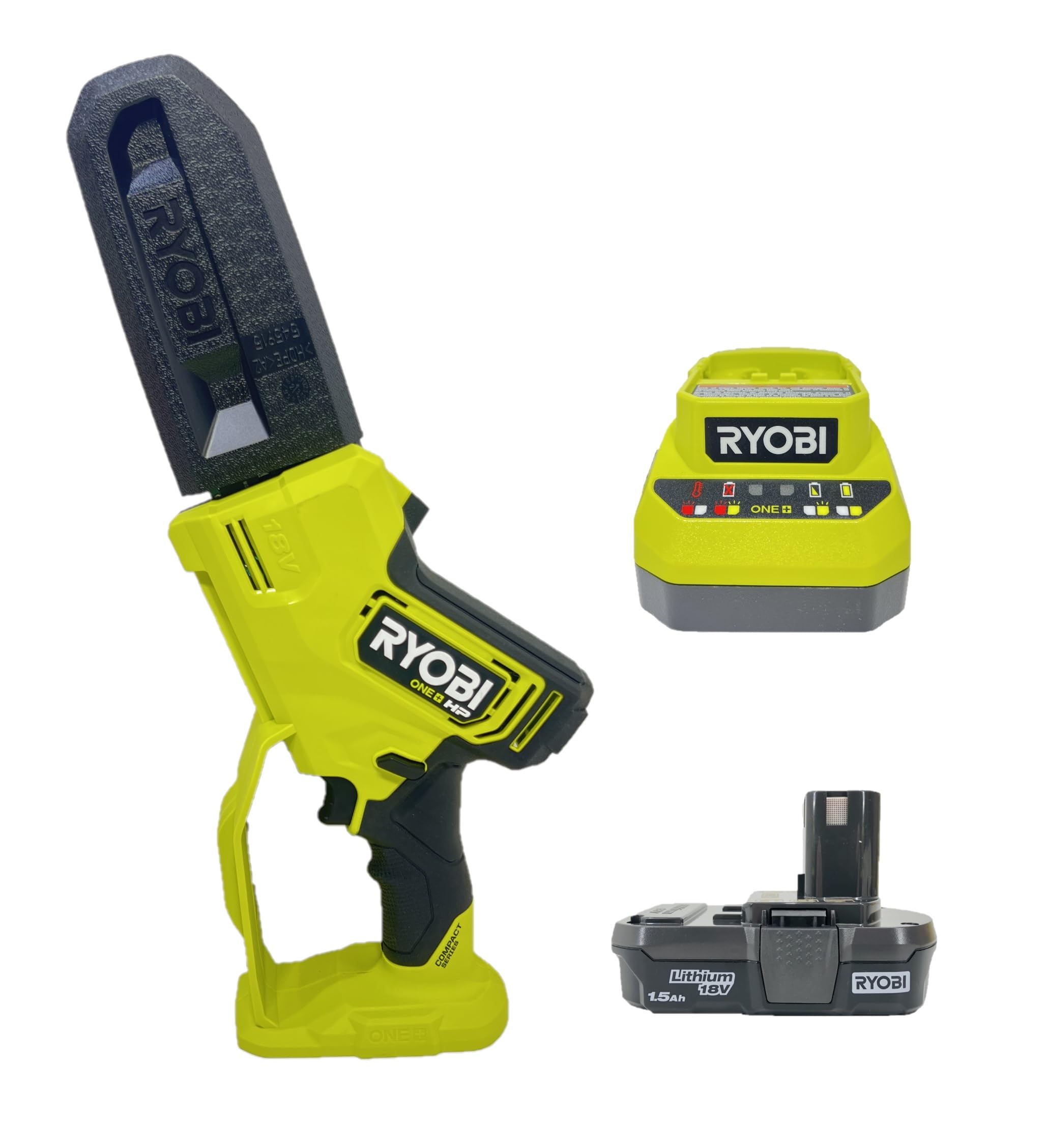 RYOBI compact pruning chainsaw front view showing controls and compact body enabling easy handling