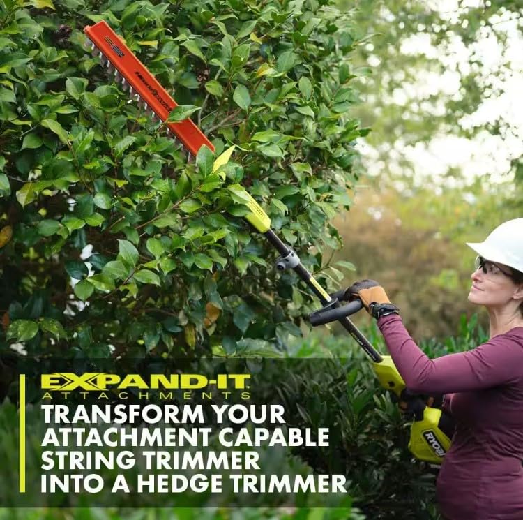 RYOBI in-use trimming a shrub showing efficient, time-saving trimming