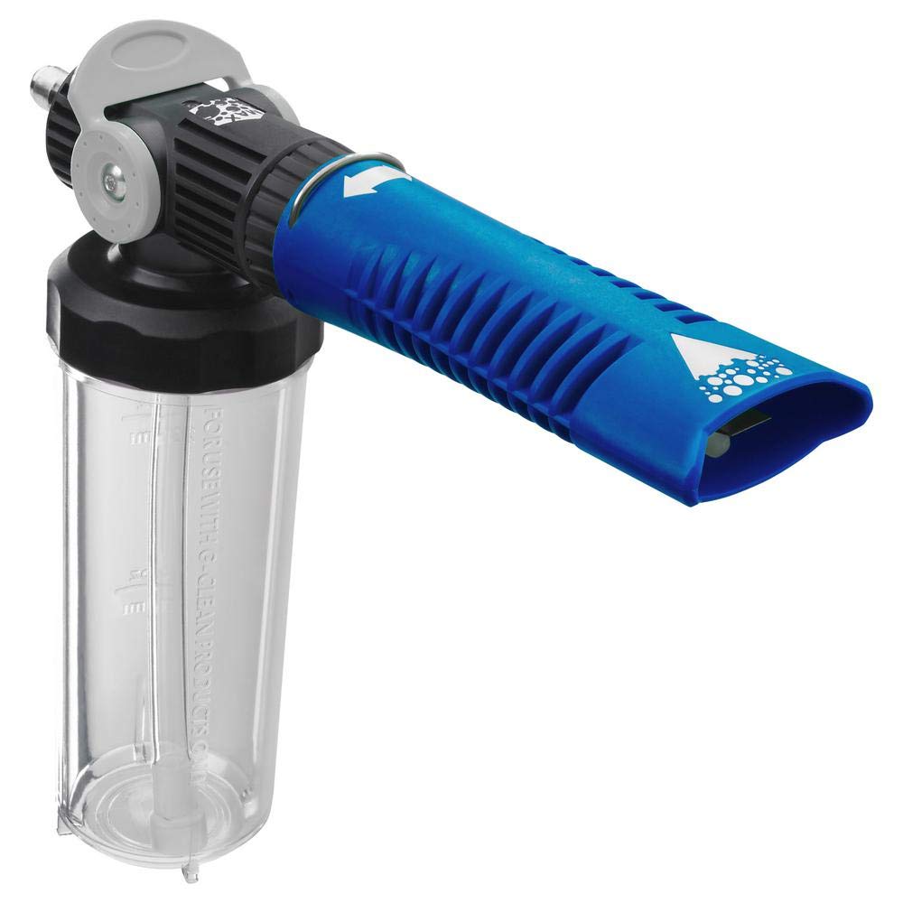 RYOBI foam blaster front view showing attachment and even foam coverage benefit