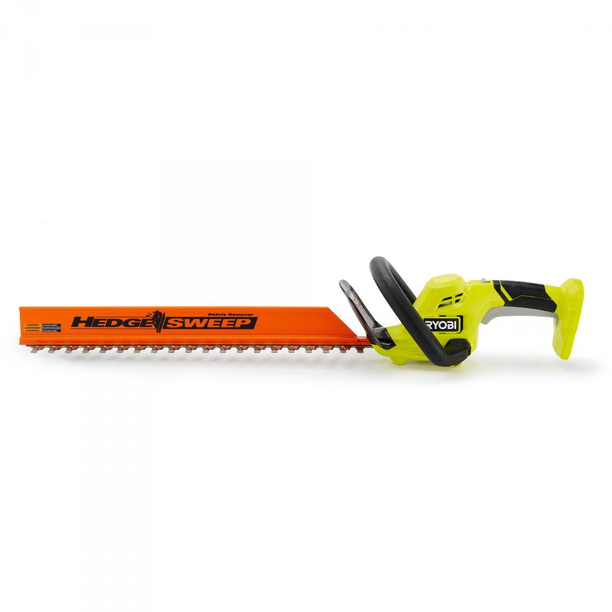 RYOBI hedge trimmer in use trimming a backyard hedge demonstrating cordless convenience and debris-clearing hedge sweep