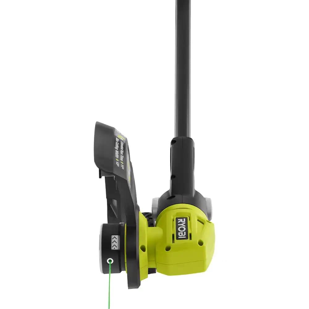 RYOBI in use trimming a backyard lawn, illustrating cordless freedom and maneuverability
