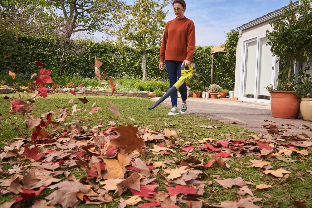 RYOBI OBL1820S blowing leaves on driveway to speed tidy-up tasks