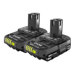 RYOBI compact 2.0Ah battery front view showing model and easy portability benefits