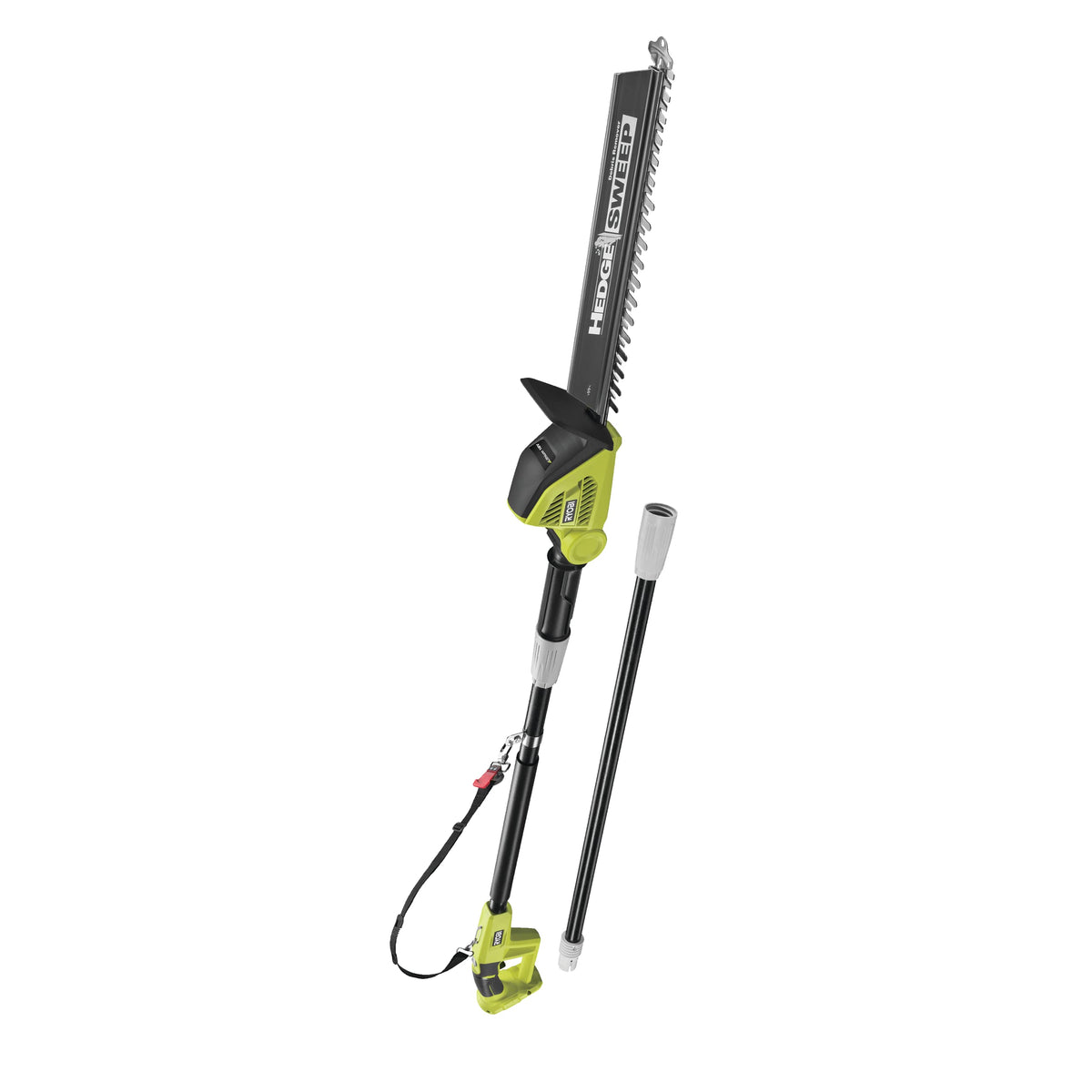 RYOBI pole trimmer front view showing controls and solid balance benefit