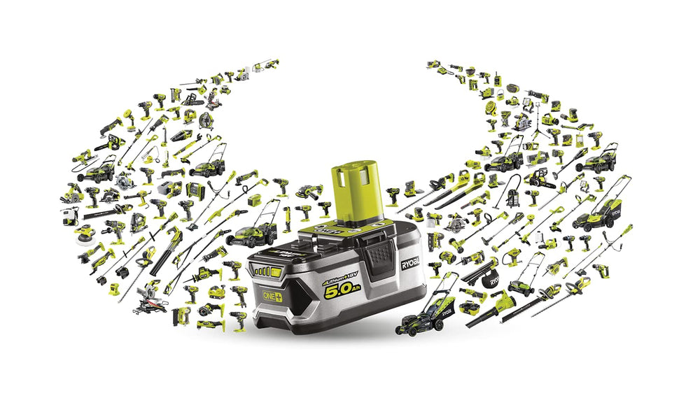 RYOBI trimmer shown next to person to illustrate scale and reach advantage