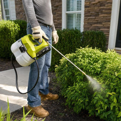 RYOBI sprayer in use on deck showing time-saving benefit