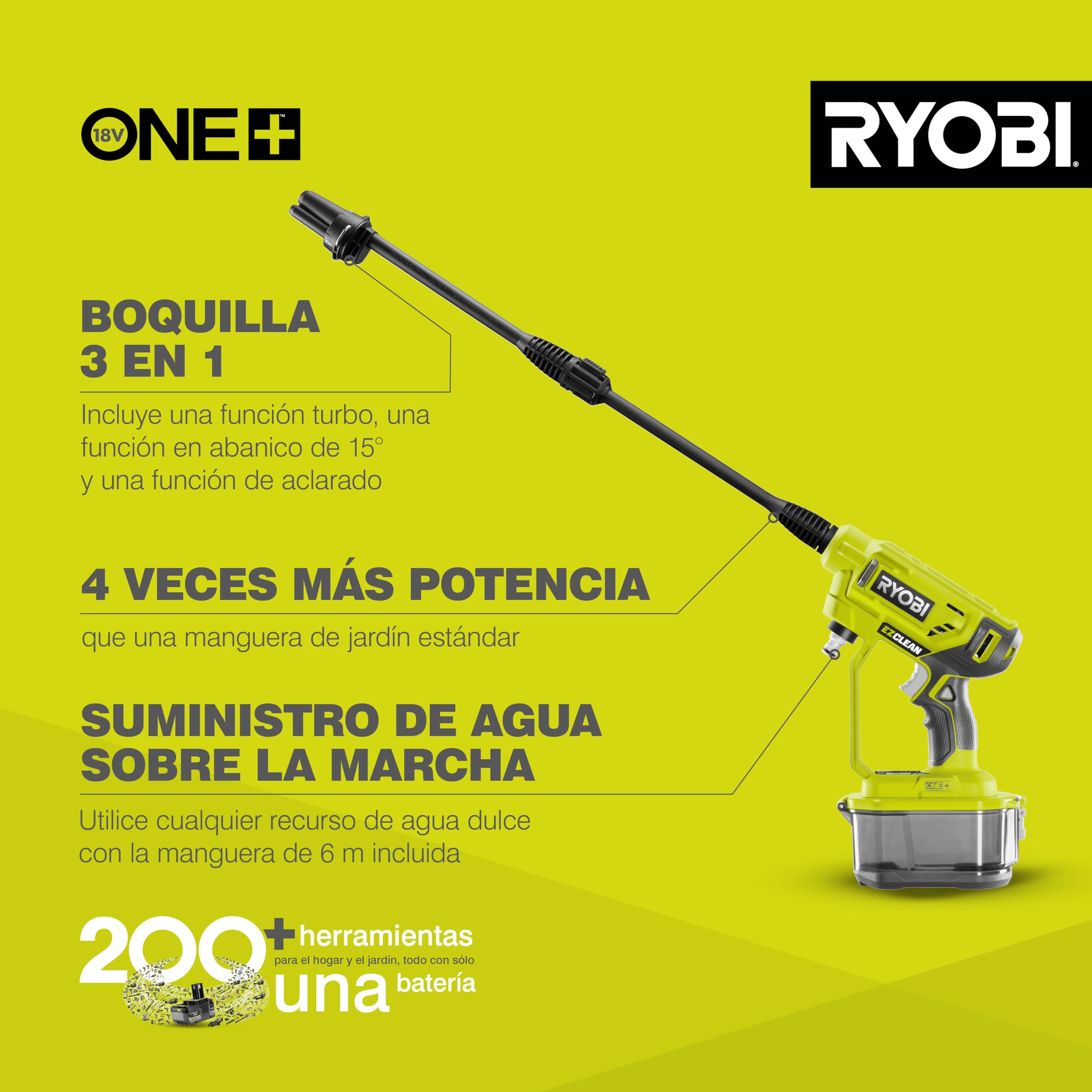 RYOBI nozzle close-up showing 3-in-1 tip for adjustable cleaning power