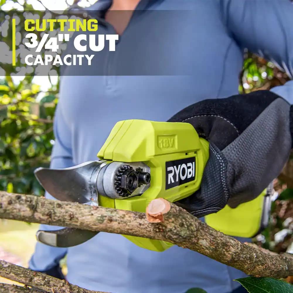 RYOBI pruner cutting a small branch demonstrating clean 3/4 inch cut