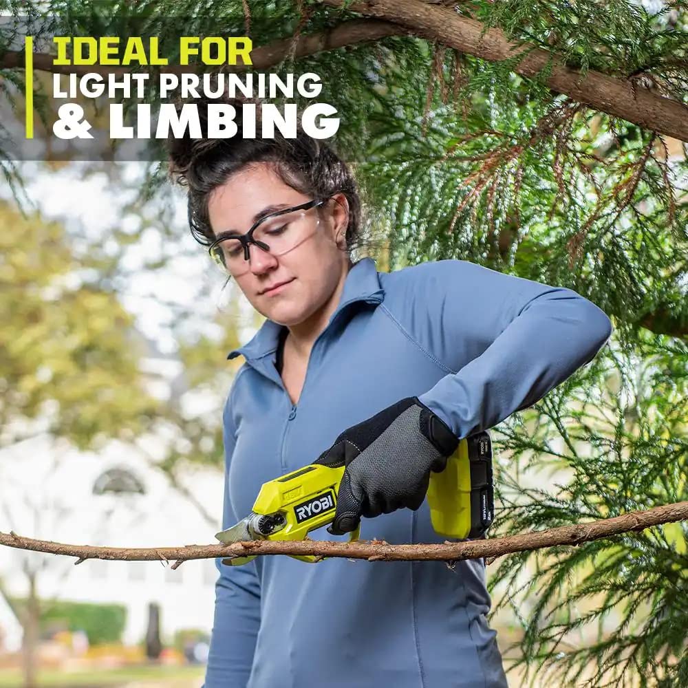 RYOBI pruner held in hand showing ergonomic grip and control