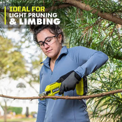 RYOBI pruner held in hand showing ergonomic grip and control