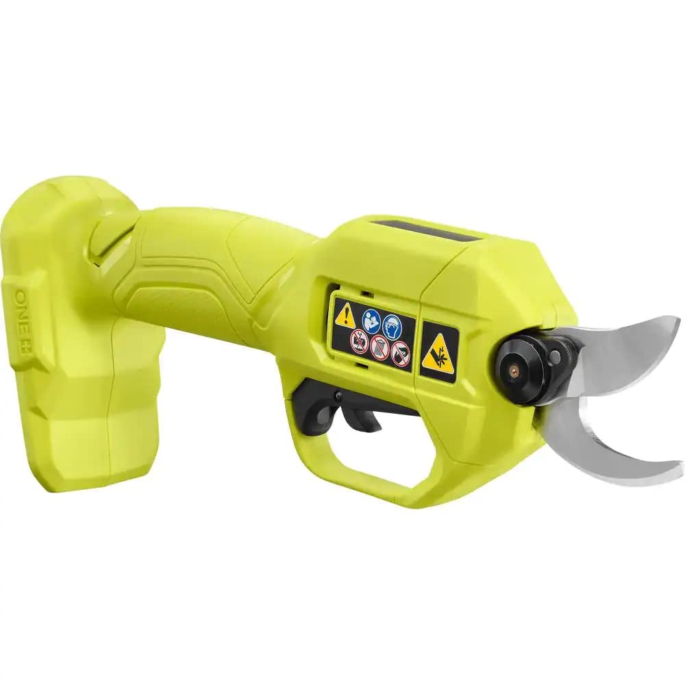 RYOBI pruner side label displaying ONE+ compatibility for battery swapping