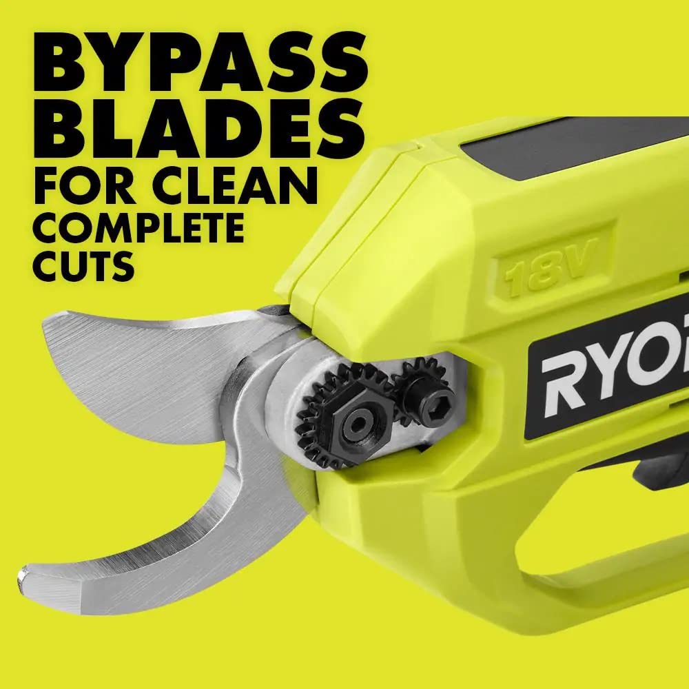 RYOBI pruner beside ruler for scale showing portable size