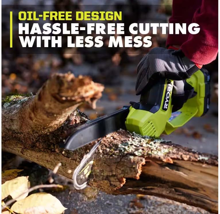 RYOBI mini chainsaw next to a hand for scale highlighting 30% smaller size