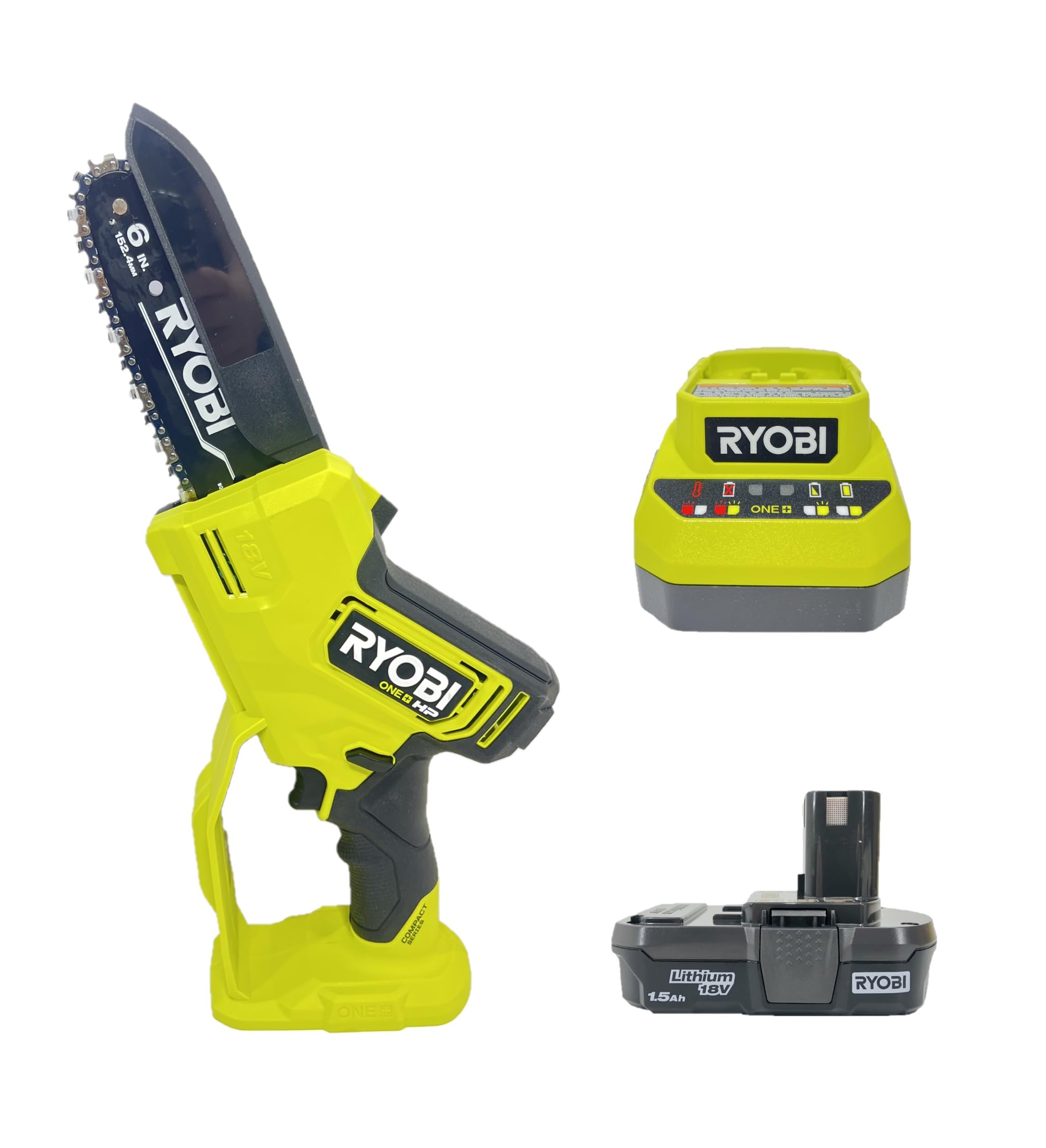 RYOBI saw held in hand showing compact size for comfortable maneuvering