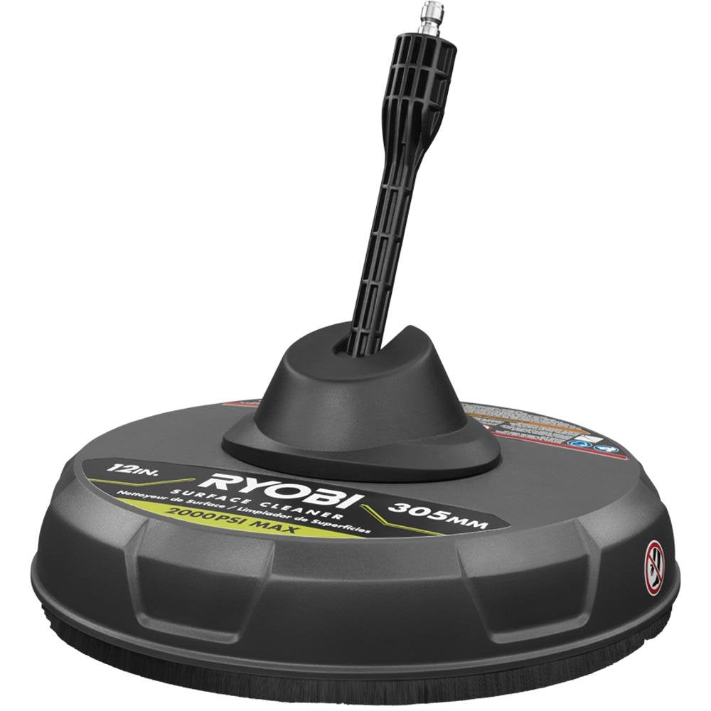 RYOBI surface cleaner front view showing 12-inch head and quick-connect for faster cleaning
