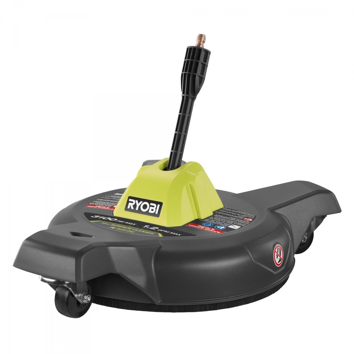RYOBI surface cleaner front view showing housing and caster wheels for stable cleaning