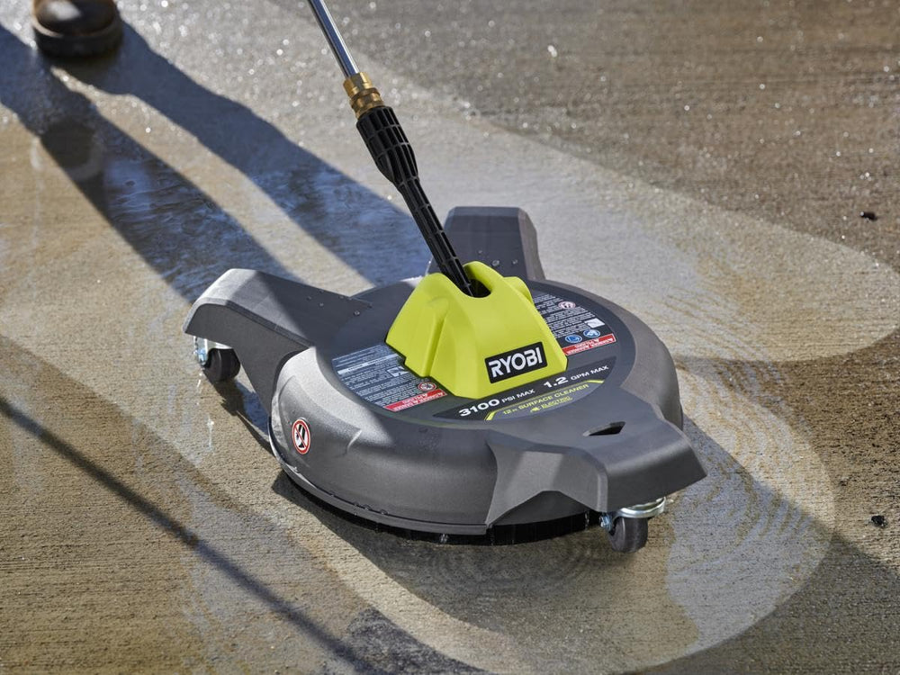 RYOBI surface cleaner in use on driveway delivering faster, uniform outdoor cleaning
