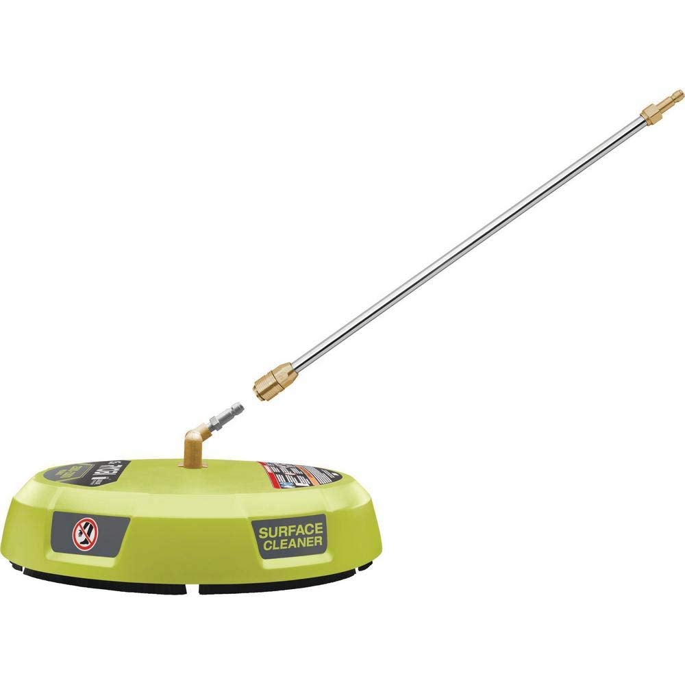 RYOBI cleaner beside a shoe for scale showing compact 15-inch cleaning diameter benefit