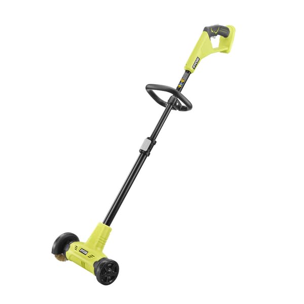 RYOBI wire brush edger front view showing bristles and quick-attach for efficient cleaning