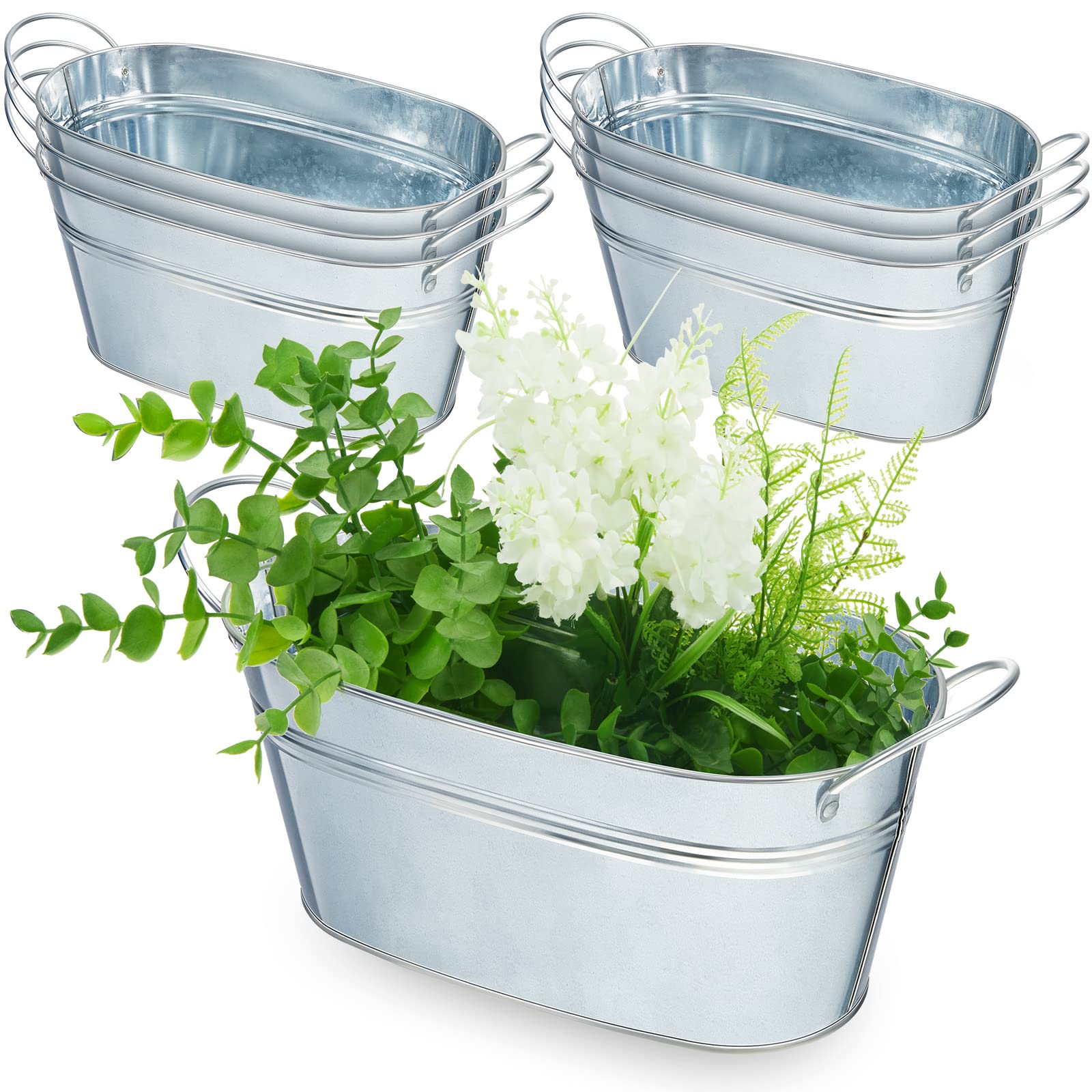 Sabary front view of six oval galvanized planters showcasing rustic decor benefit