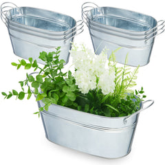 Sabary front view of six oval galvanized planters showcasing rustic decor benefit