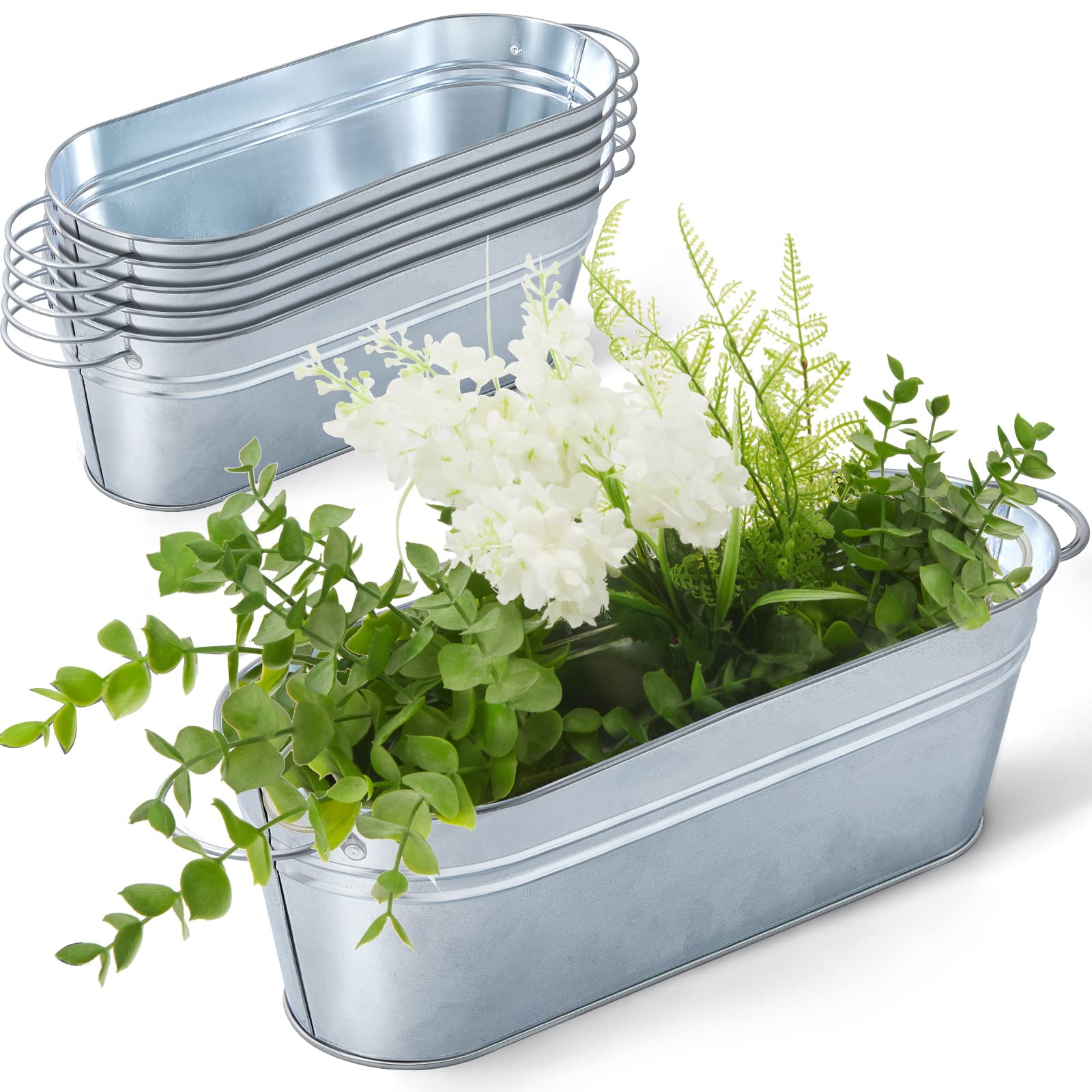 Sabary front view of six oval galvanized planters showing rustic style and coordinated set benefit