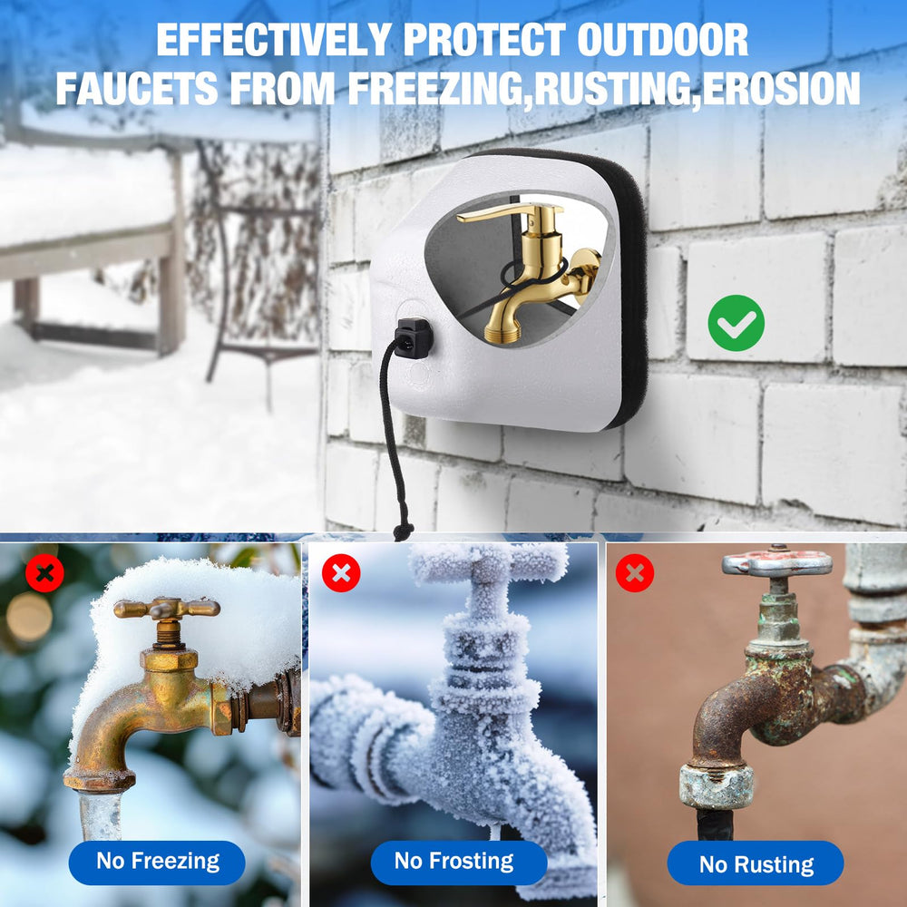 Sacubee covers on backyard faucets illustrating seasonal protection