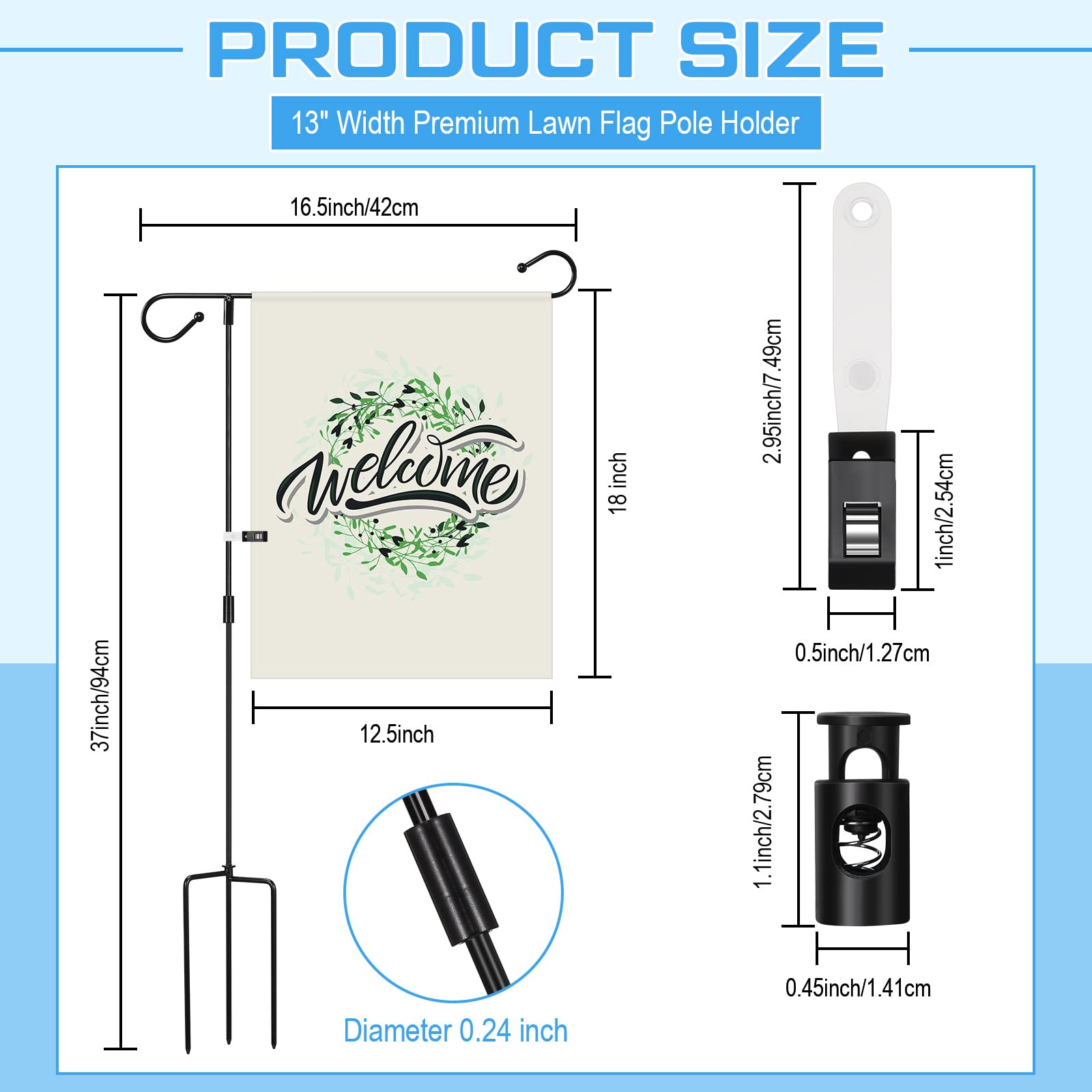 Sadnyy flag stand next to ruler showing 34.3 inch height for correct flag fit