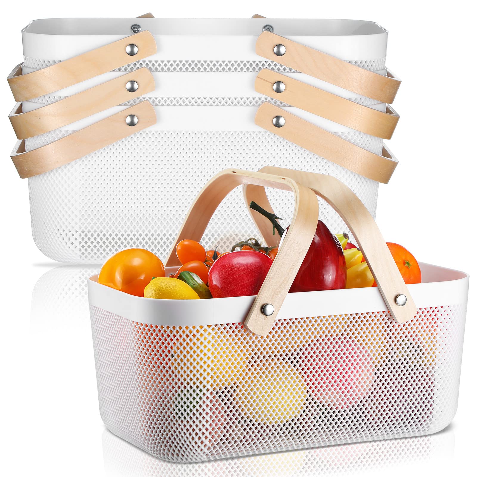 Sadnyy front view of four white mesh baskets showing storage versatility