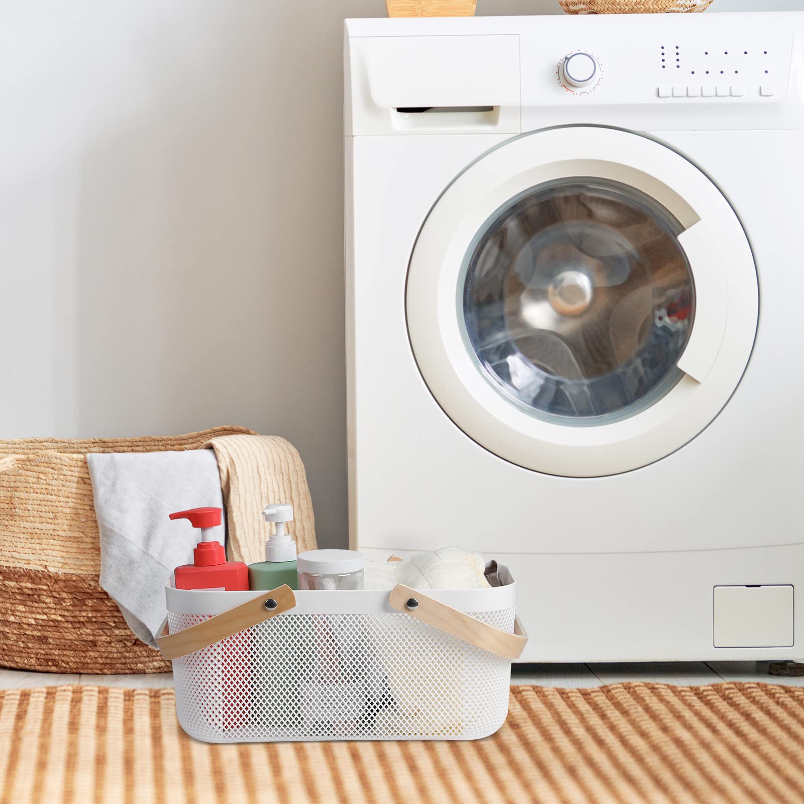 Sadnyy baskets on shelf showing square base stability and space saving