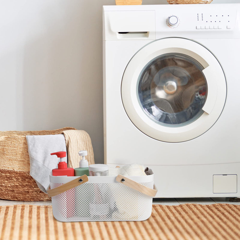 Sadnyy baskets on shelf showing square base stability and space saving