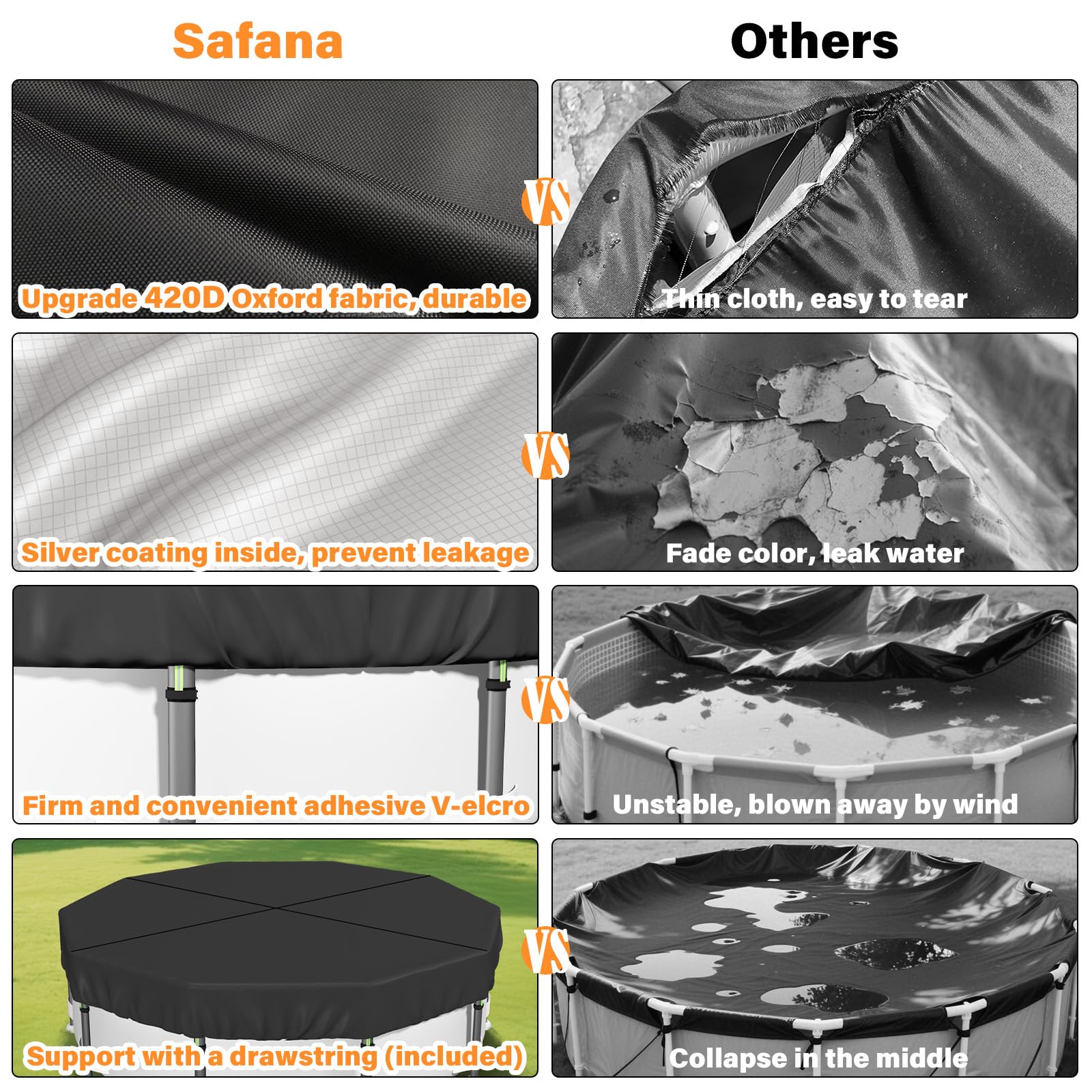 Safana elastic support rope in use preventing sagging and water pooling