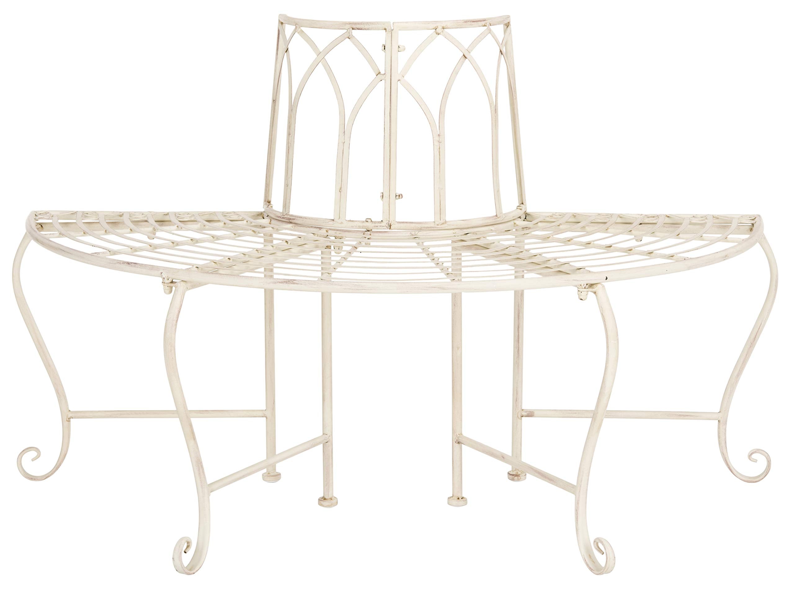 SAFAVIEH Abia bench front view showing curved distressed-white iron seat and vintage style benefit