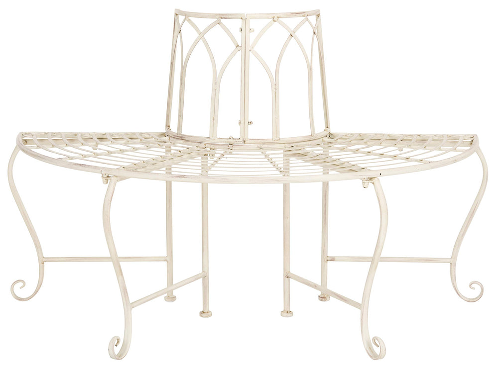 SAFAVIEH Abia bench front view showing curved distressed-white iron seat and vintage style benefit